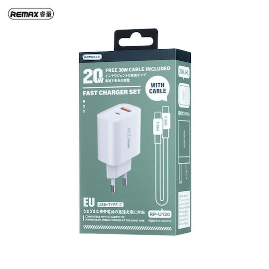 Remax Φορτιστής με Θύρα USB-A και Θύρα USB-C και Καλώδιο USB-C - USB-C 20W Quick Charge 3.0 Λευκός (RP-U120)