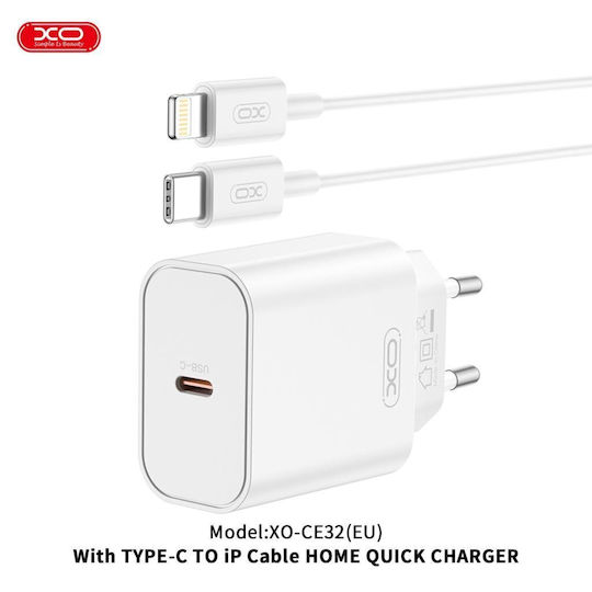 XO Ladegerät mit USB-C Anschluss und Kabel USB-C - Lightning 20W Stromlieferung Weißs (CE32)