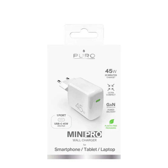 Puro Φορτιστής Χωρίς Καλώδιο GaN με Θύρα USB-C 45W Power Delivery Λευκός (Super Mini)