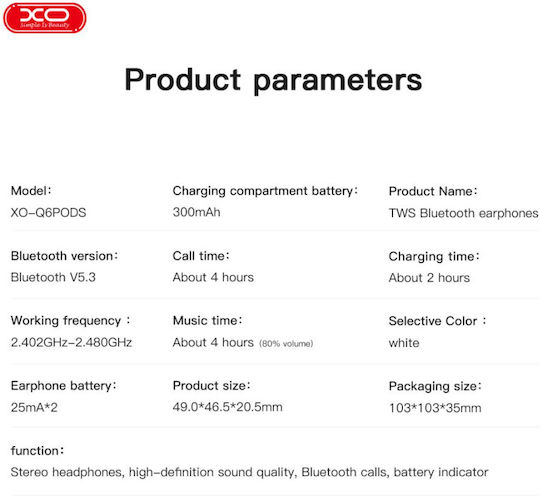 XO Q6 Pro Earbud Bluetooth Handsfree Ακουστικά με Θήκη Φόρτισης Λευκά