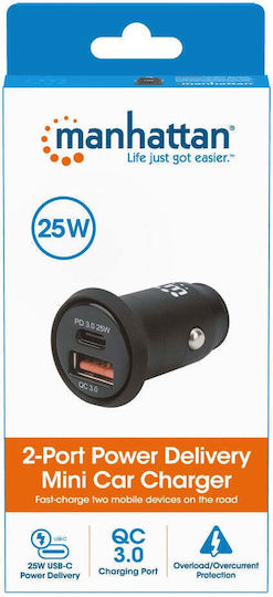 Manhattan Car Charger 25W 3A Fast Charging with Ports 1xUSB 1xType-C Black Colour