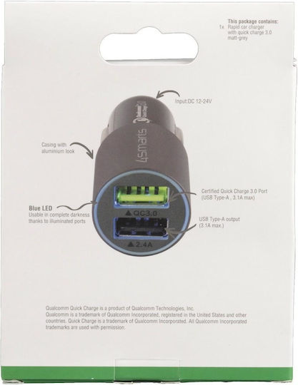 4Smarts Rapid Φορτιστής Αυτοκινήτου 30W 3.1A με Θύρες: 2xUSB και Ακουστικά Bluetooth Γκρι Χρώμα