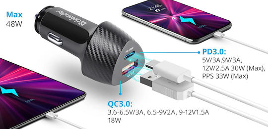 Defender Φορτιστής Αυτοκινήτου 30W Γρήγορης Φόρτισης με Θύρες: 1xUSB 1xType-C