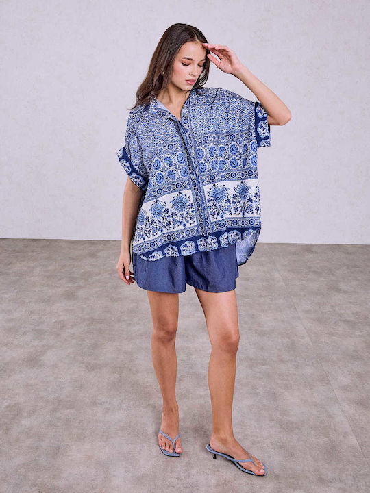 Celestino Women's Shirt Printed Asymmetric Loose Fit Blue
