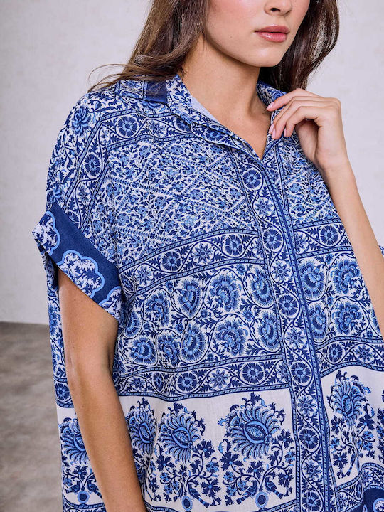 Celestino Women's Shirt Printed Asymmetric Loose Fit Blue