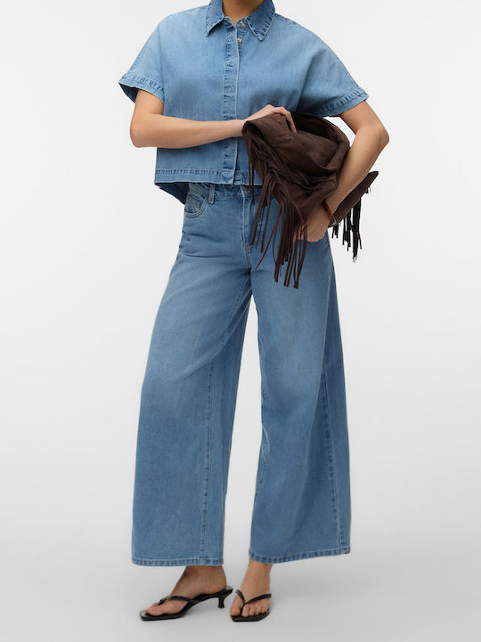 Къс Ръкав Дамска Дънкова Риза Light Blue Denim