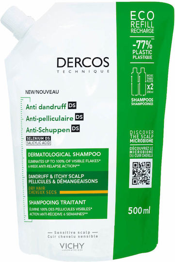 Vichy Dercos Anti Dandruff DS Refill Шампоан за Чувствителен Скалп против Пърхот и Суха Кожа за Суха Коса 500ml