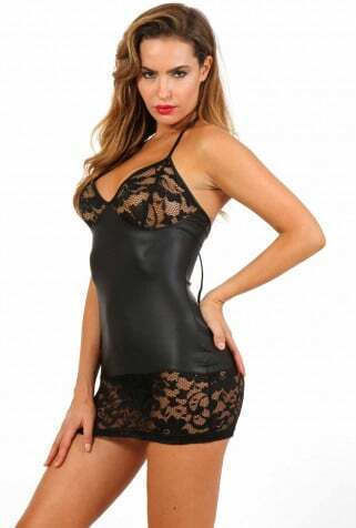 Wetlook Und Spitze Kleid Sexy Lace-up Rücken 19409-bk