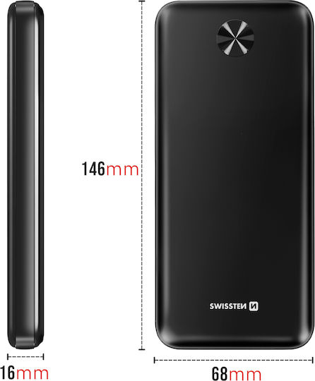 Swissten Power Bank 10000mAh 10.5W με 2 Θύρες USB-A και Θύρα USB-C Μαύρο