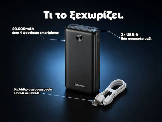 Swissten Power Bank 20000mAh 10.5W με 2 Θύρες USB-A και Θύρα USB-C Μαύρο
