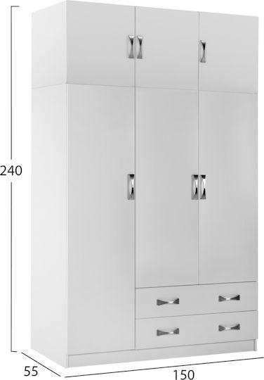 Carly Τρίφυλλη Ντουλάπα με Πατάρι 150x55x240cm Λευκό