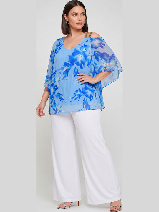 Damenbluse Schulterfrei mit einem Schulter Blumen Hellblau
