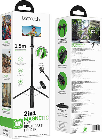 Lamtech 2-in-1 Magnetic Bt5.2 Live Broadcast Holder 1.5m Black Lam981111