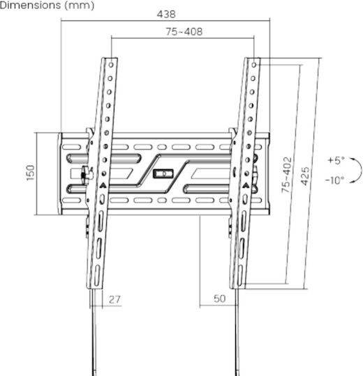 Brateck Βάση Τηλεόρασης Τοίχου έως 75" και 75kg Μαύρο