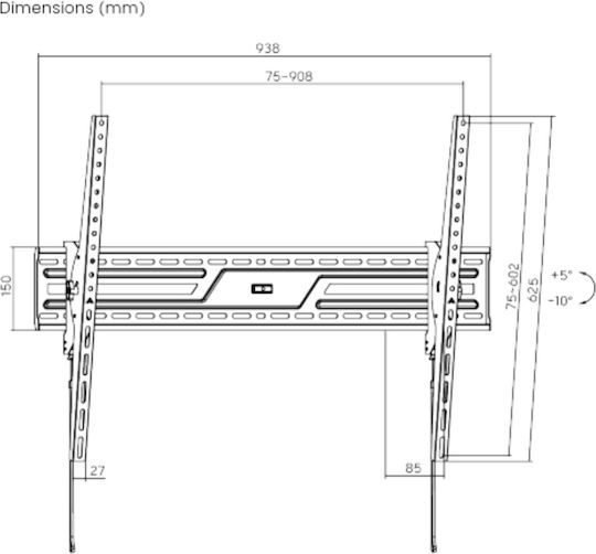 Brateck Βάση Τηλεόρασης Τοίχου έως 100" και 75kg Μαύρο
