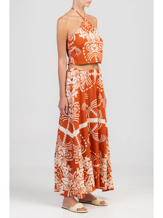 Ψηλόμεση Maxi Φούστα Floral Πορτοκαλί