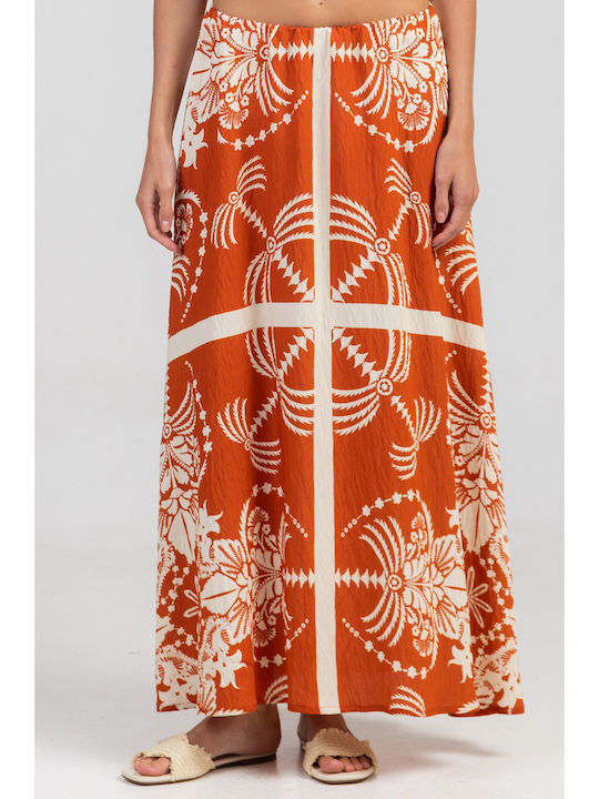 Ψηλόμεση Maxi Φούστα Floral Πορτοκαλί