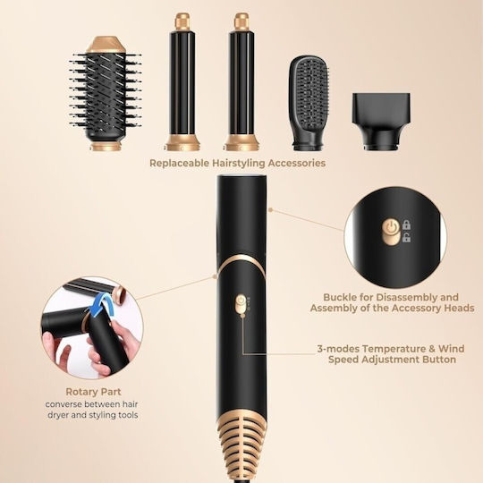 6in1 Ceramic Electric Hair Brush with Air for Hair Straightening and Curls 1000W