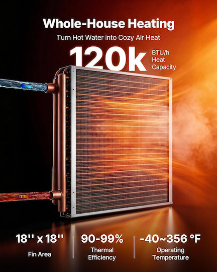 Heat Exchanger Vevor Water to Air Coil Heat Exchanger HVAC Fins 457 x 457 mm Copper Tubes & Aluminum Fins Output 120k BTU Outdoor Wood Furnaces Hydronic Heating Cooling Systems