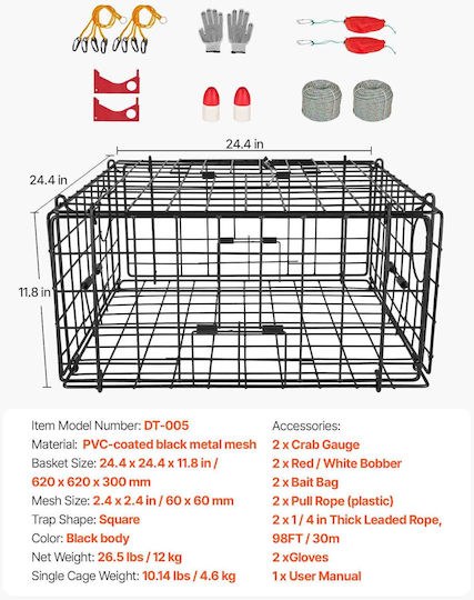 Vevor Crab Trap 2 Pcs 62 X 62 X 30 Cm Heavy Duty Dungeness Black Wire Mesh PVC Measuring Tape Red White Buoy Rope 100 Ft Gloves Ybxjbxfx2j00w3s8t001v0