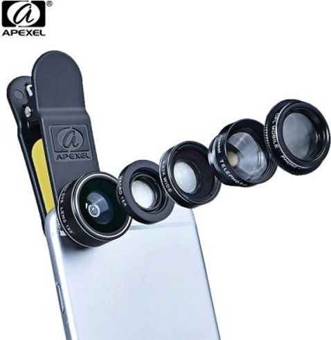 Apexel Apl-dg5 Mobile Lens Kit 5 in 1 Fisheye Wide Macro Telescope CPL Smartphones Tablets