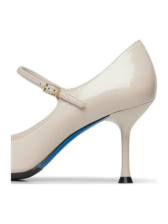 Leather Pointed Toe Heels with Strap & High Heel Beige