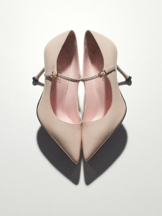 Leather Pointed Toe Heels with Strap & High Heel Beige