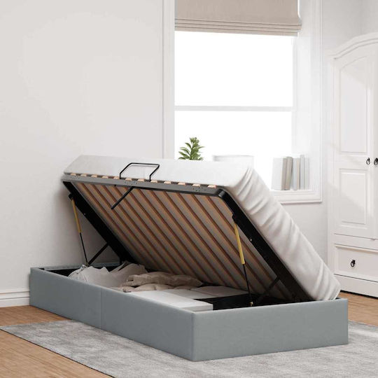 Pat Single Tapițat cu Material Gri cu Spațiu de Stocare Plăci și Saltea 100x203cm