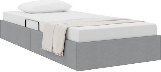 Pat Single Tapițat cu Material Gri cu Spațiu de Stocare Plăci și Saltea 100x203cm