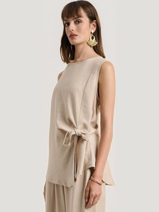 Women's Beige Set with Trousers with Rubber Band in Relaxed Fit