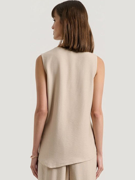 Women's Beige Set with Trousers with Rubber Band in Relaxed Fit