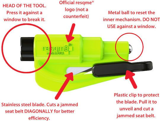 Resqme Automatic Car Emergency Hammer With Green Seatbelt Cutter