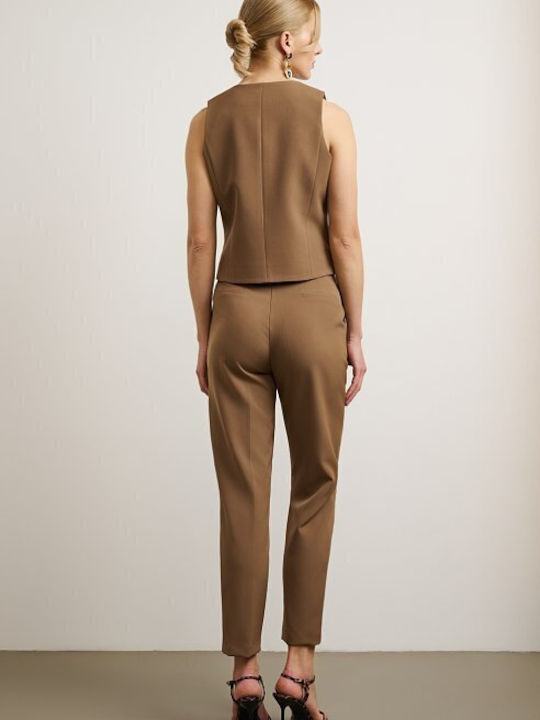 Women's High-waisted Fabric Trousers Slim Fit Brown
