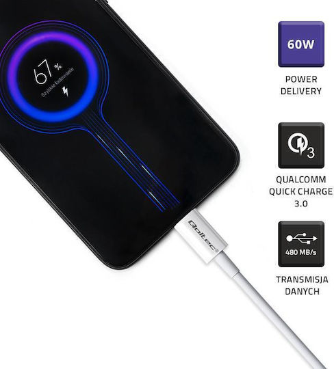 Qoltec USB 2.0 Cable USB-C male - USB-C 60W PD Λευκό 1.5m 52360