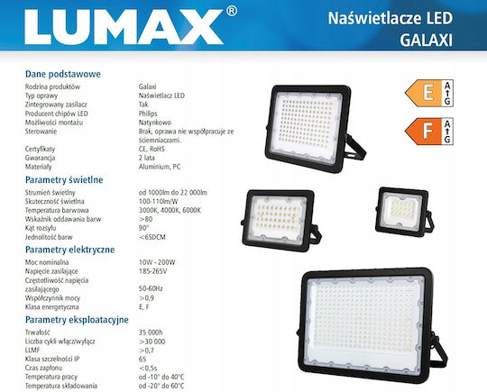 Lumax Στεγανός Προβολέας LED 50W Φυσικό Λευκό 4000K IP65