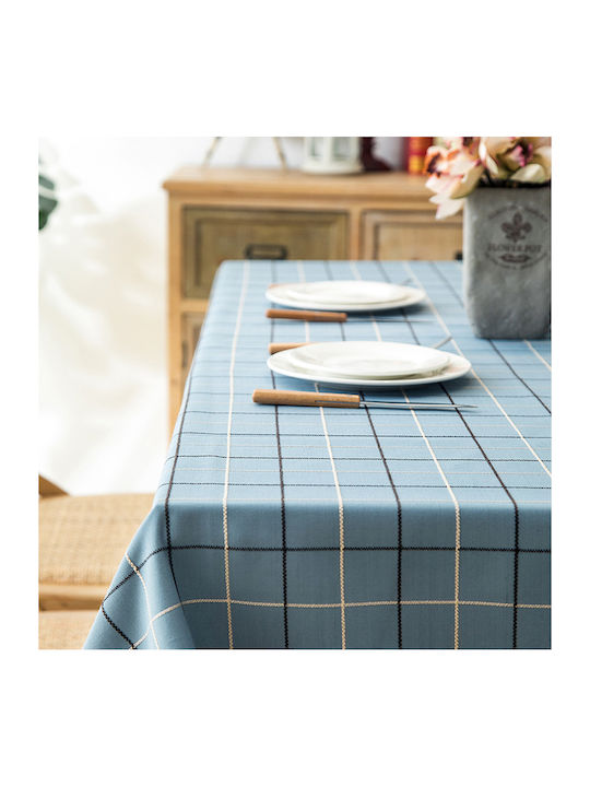 FRIPIA Checkered Tablecloth with Light Blue Embroidery 140x200cm