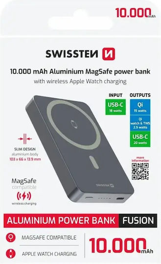 Swissten Fusion MagSafe Power Bank 10000mAh 20W With USB-C Output Port Silver