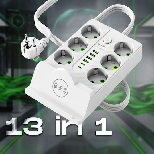 Bandă de Alimentare cu 6 Prize cu 4 USB-A 2 USB-C Comutator și Cablu de 2m