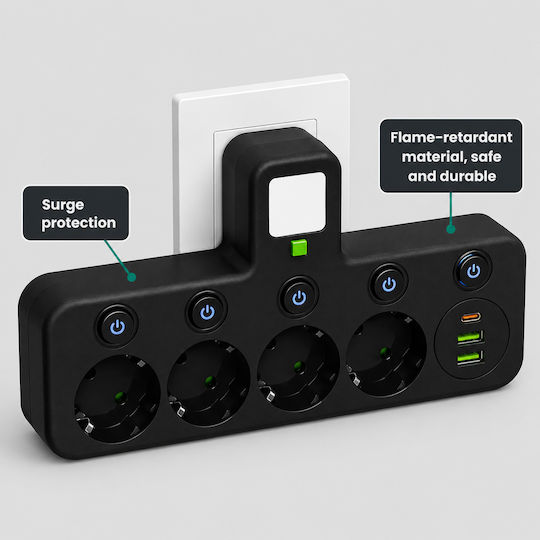 Захранваща Лента 4 Гнезда с 2 USB-A и USB-C