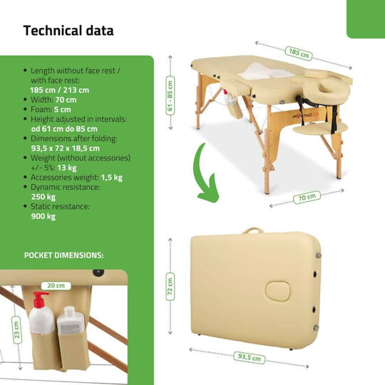 Habys Sofia Portable Beige Physiotherapy Bed Made of Wood 185x70cm