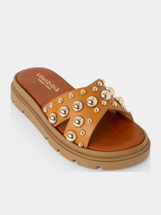 Leather Women's Flat Sandals Tabac Brown