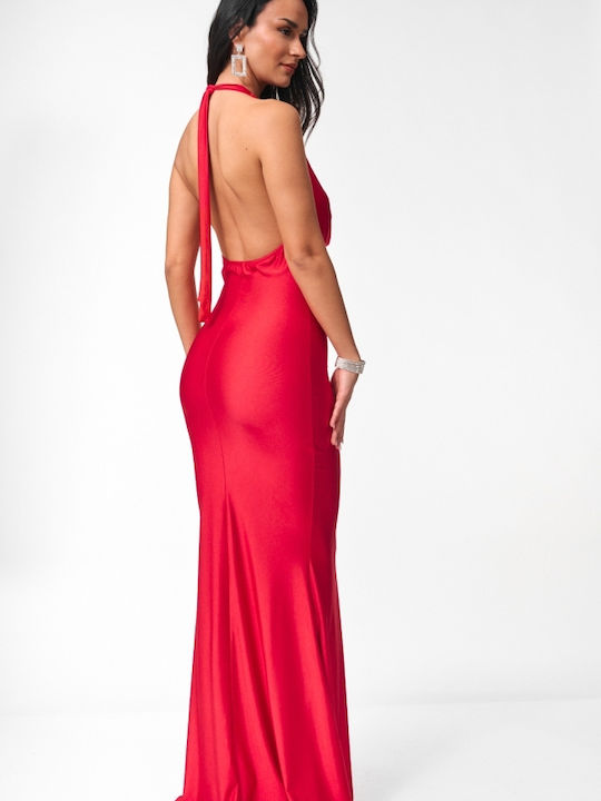Summer Maxi Evening Dress with Wrap Open Back Red