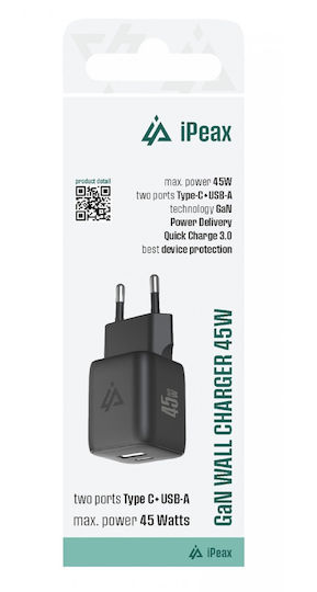 iPEAX Ladegerät ohne Kabel GaN mit USB-A Anschluss und USB-C Anschluss 45W Stromlieferung / Schnellaufladung 3.0 Schwarzs