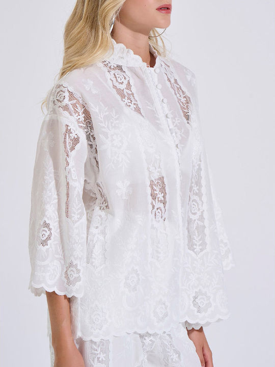 Long Sleeve Women's Shirt White Floral