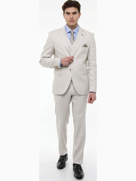 Summer Men's Suit with Vest Slim Fit Beige
