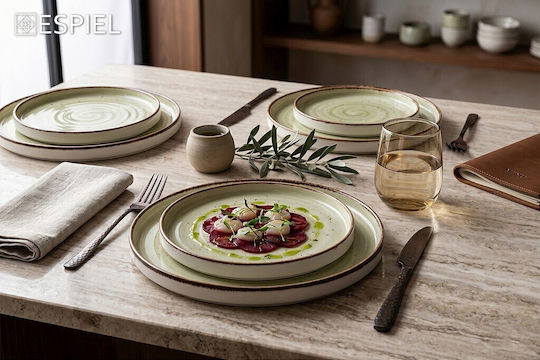 Espiel Shallow Porcelain Plate Green with Diameter 24.5cm 6 Pieces