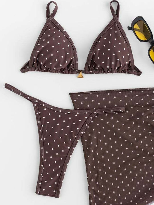 Bikini Set 3 Pieces Triangle & String Polka Dot Dark Brown