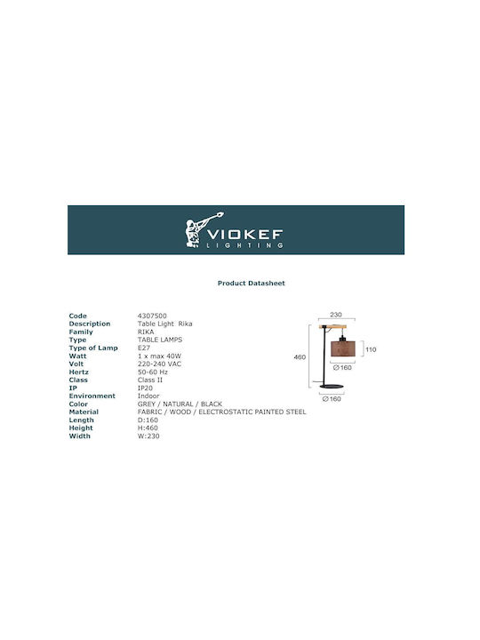 Viokef Ξύλινο Πορτατίφ για Ντουί E27 με Γκρι Καπέλο και Μαύρη Βάση