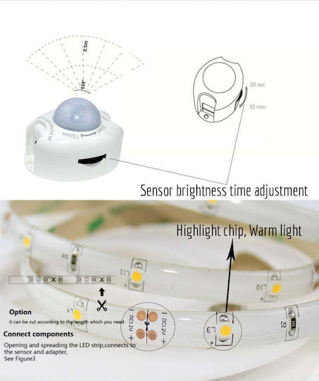 LED-Streifen LED Light Digital 12V Warmes Weiß Licht 1.2m Typ SMD2835 mit Bewegungssensor & Netzteil