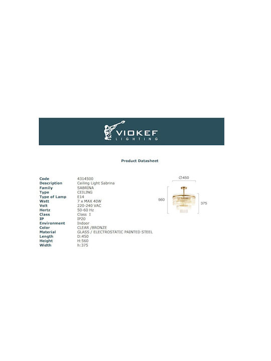 Viokef Sabrina Pendant Light Gold with Crystals for Socket E14, E.14 450x56cm